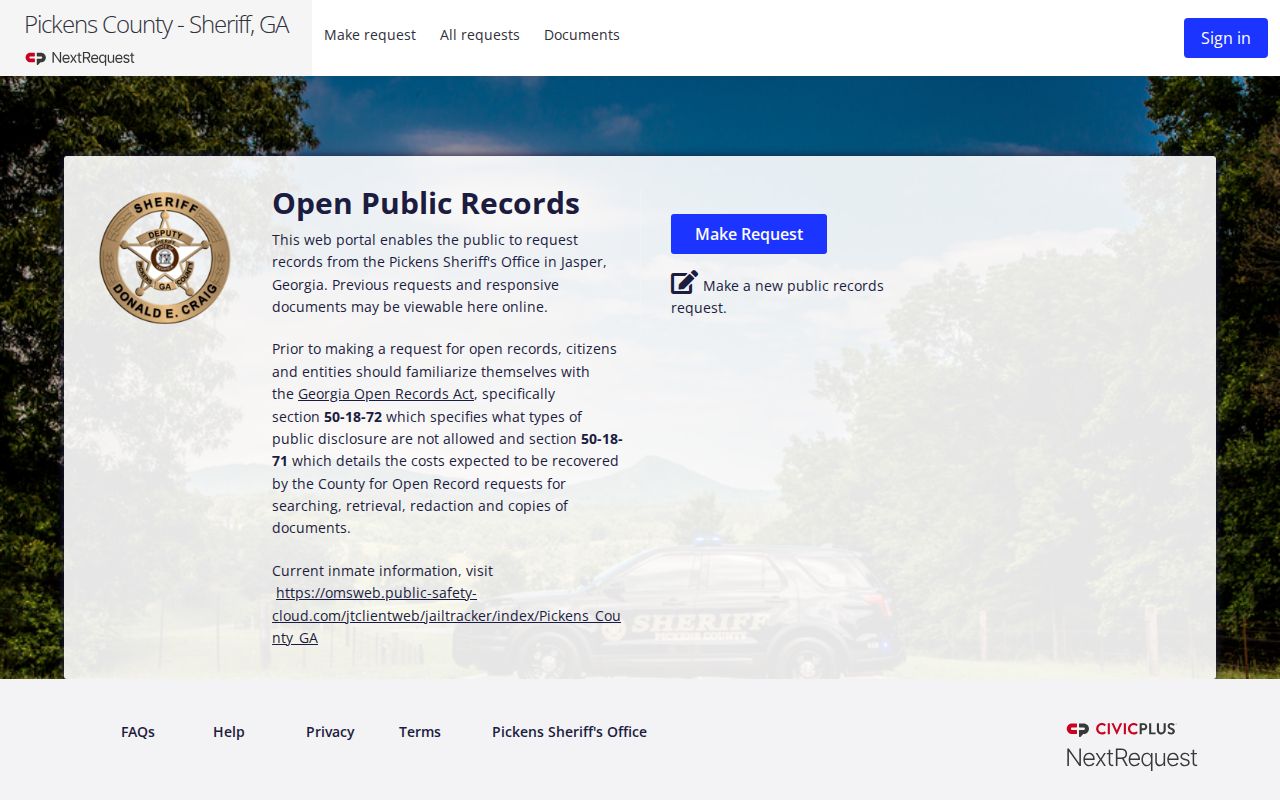 Pickens County arrest lookup through Sheriff NextRequest