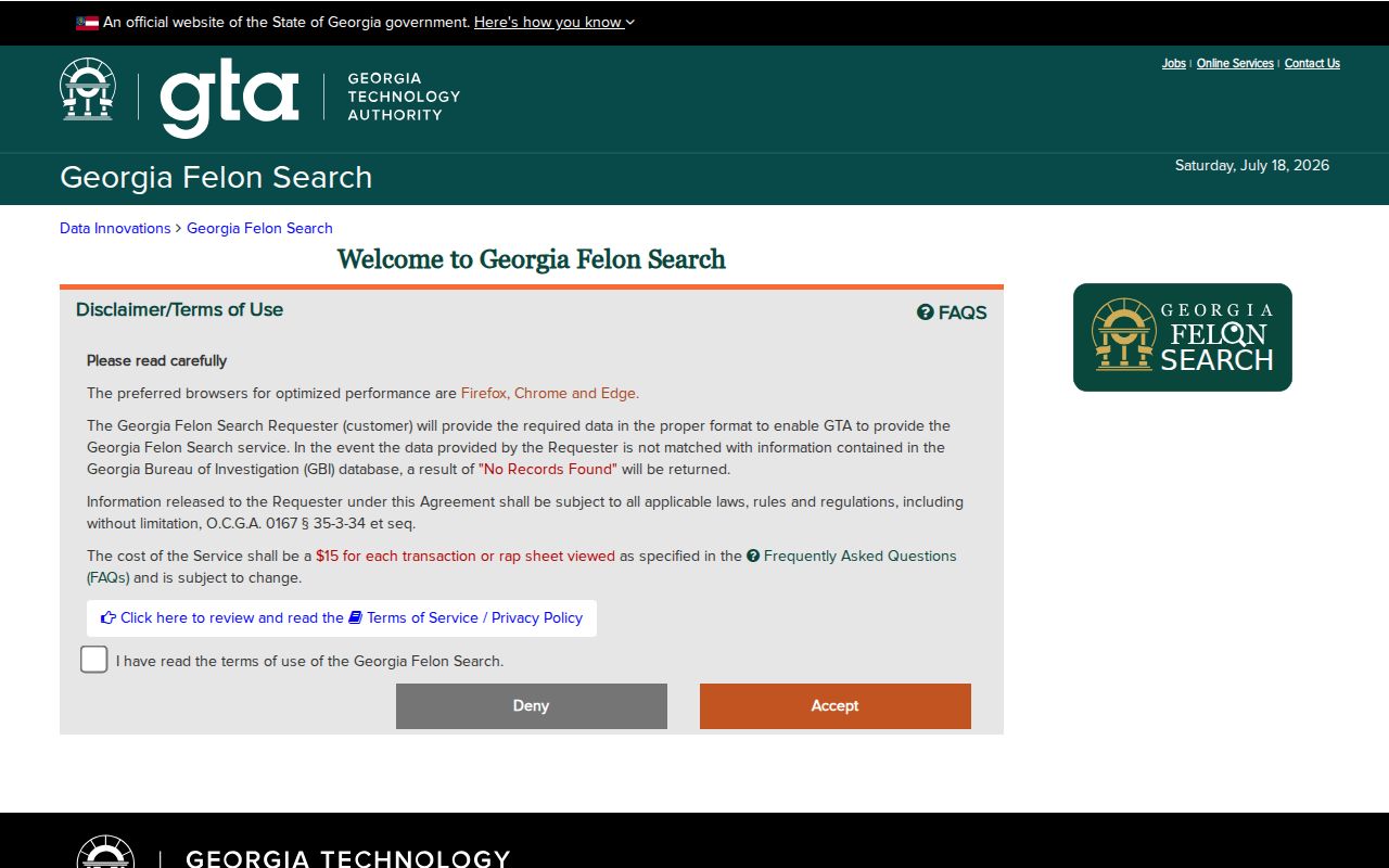 Georgia Felon Search portal used for Pickens County records